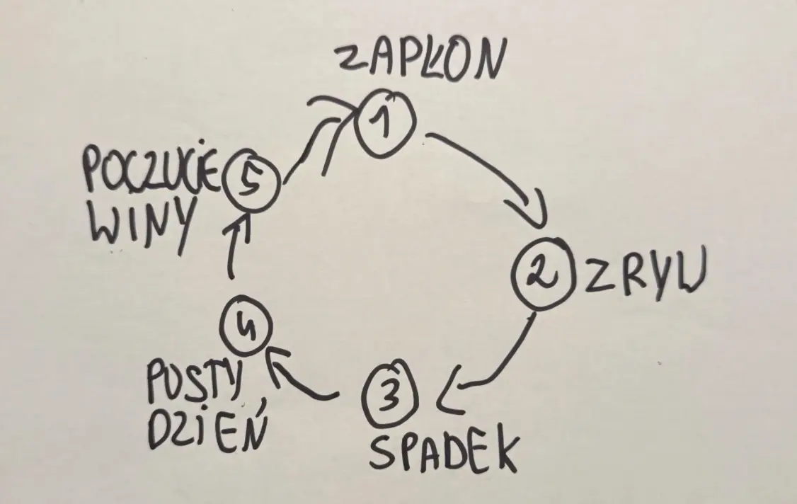 Odręczny rysunek pętli pięciu kroków na kartce: Zapłon, Zryw, Spadek, Pusty dzień, Poczucie winy